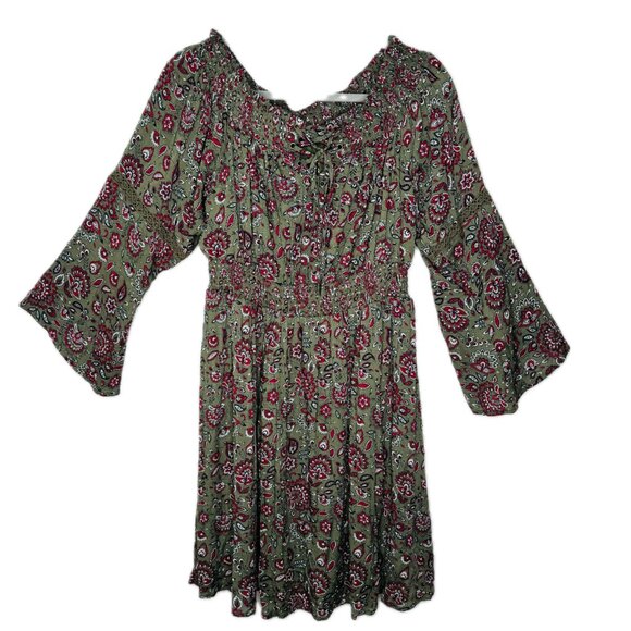 Torrid Challis Skater Dress Womens 0X Green Paisley Floral Long Bell Sleeve Off - Picture 1 of 11